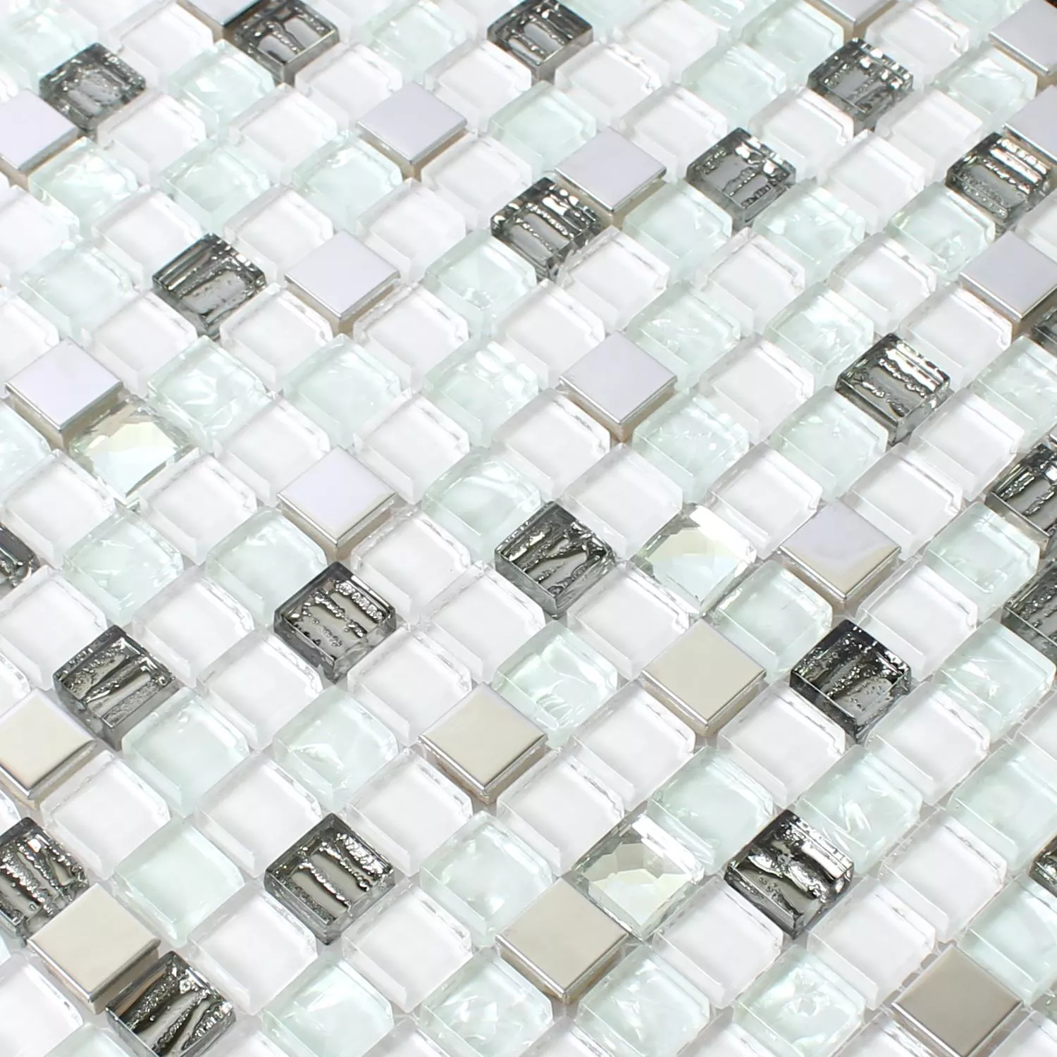 Mosaik Glas Rostfritt Stål Vit 15x15x8mm