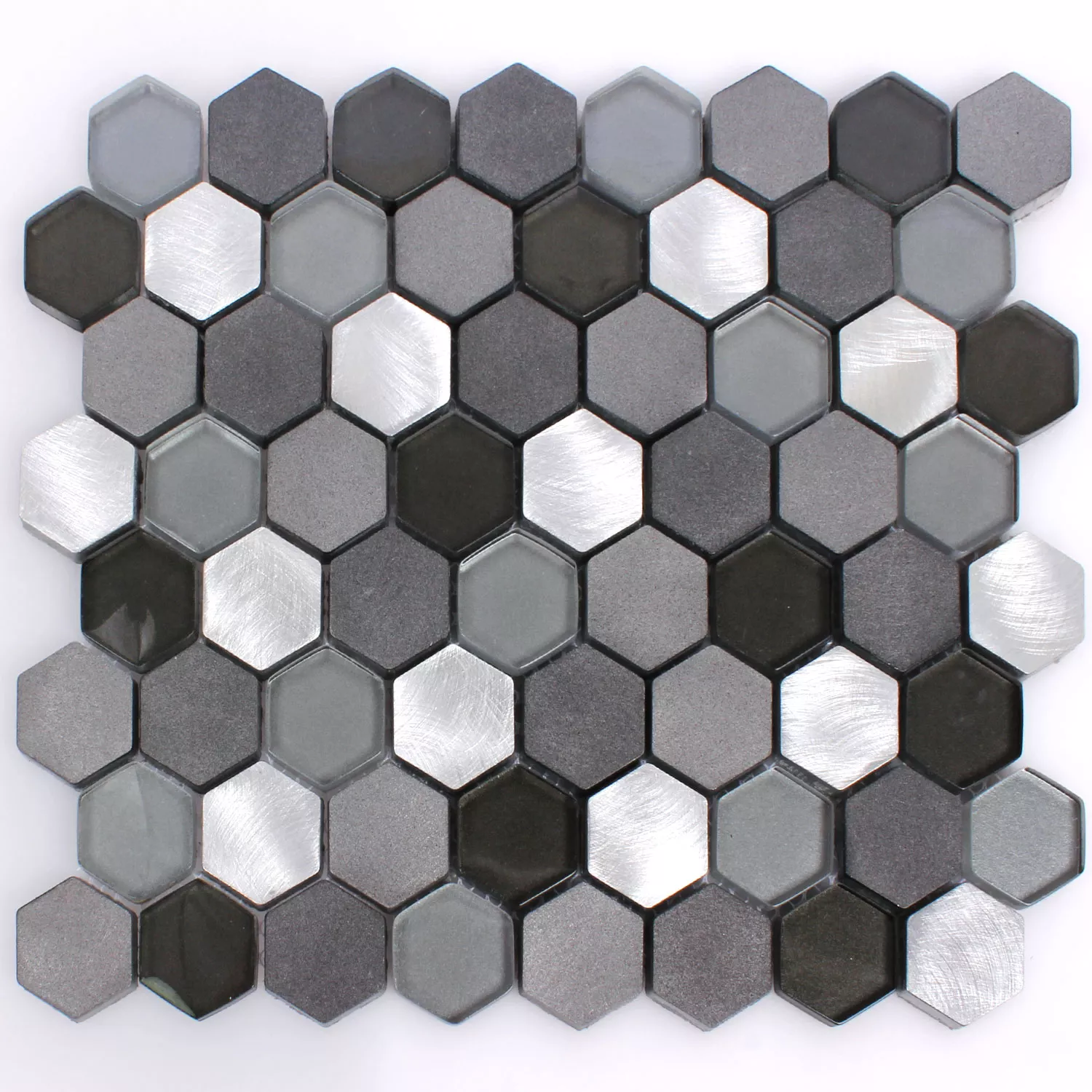 Prov Mosaik Glas Aluminium Angela Hexagon Svart Silver