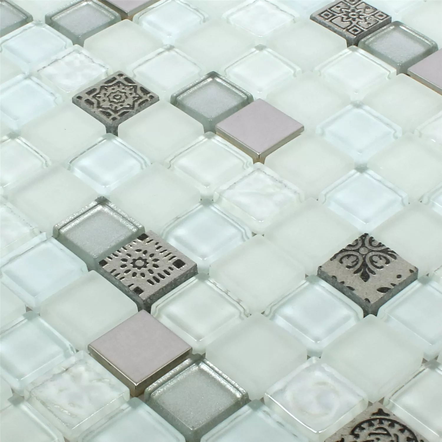 Mosaik Glas Resin Rostfritt Stål Mix Gramos Vit