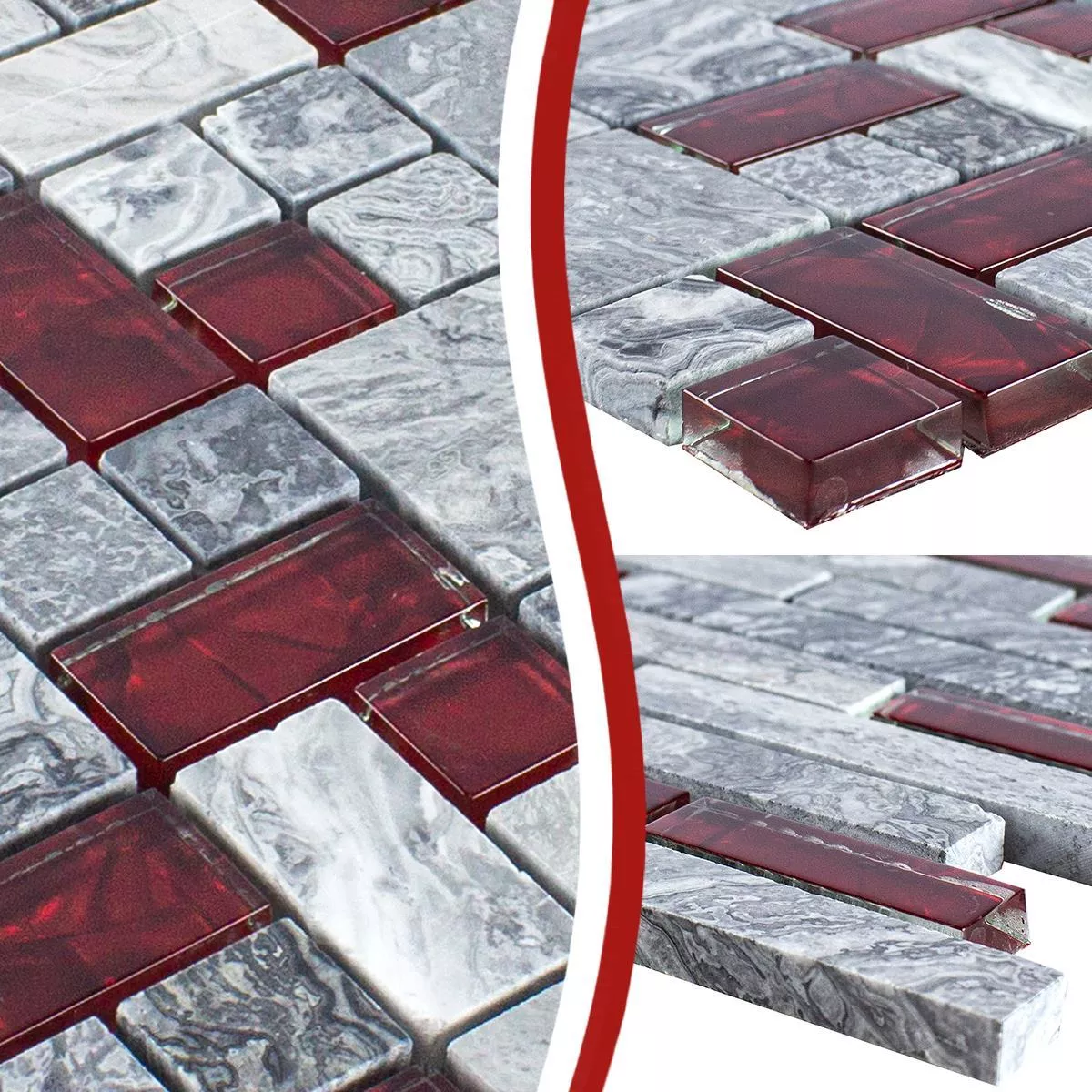 Prov Glas Natursten Mosaik Plattor Sinop Grå Röd