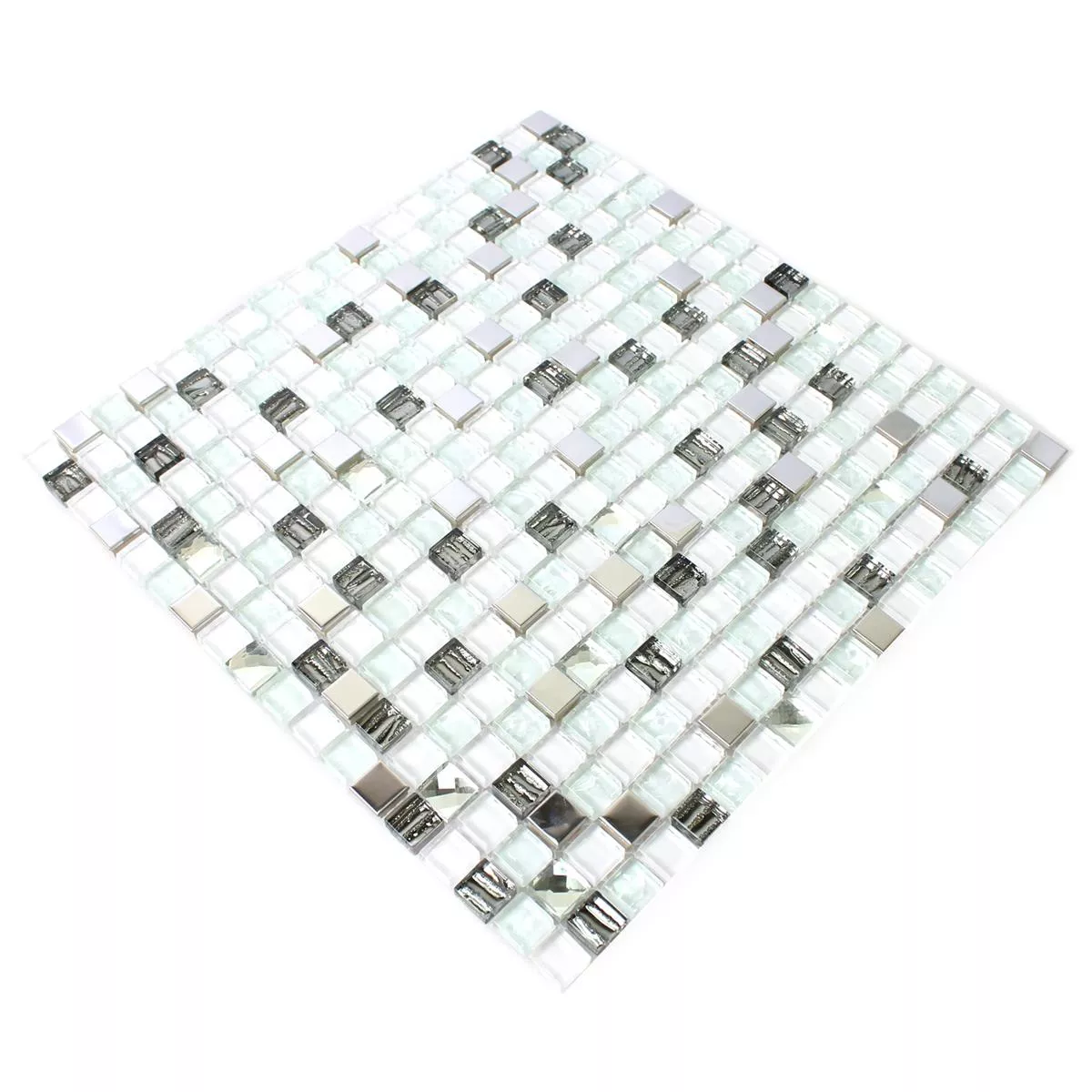 Mosaik Glas Rostfritt Stål Vit 15x15x8mm
