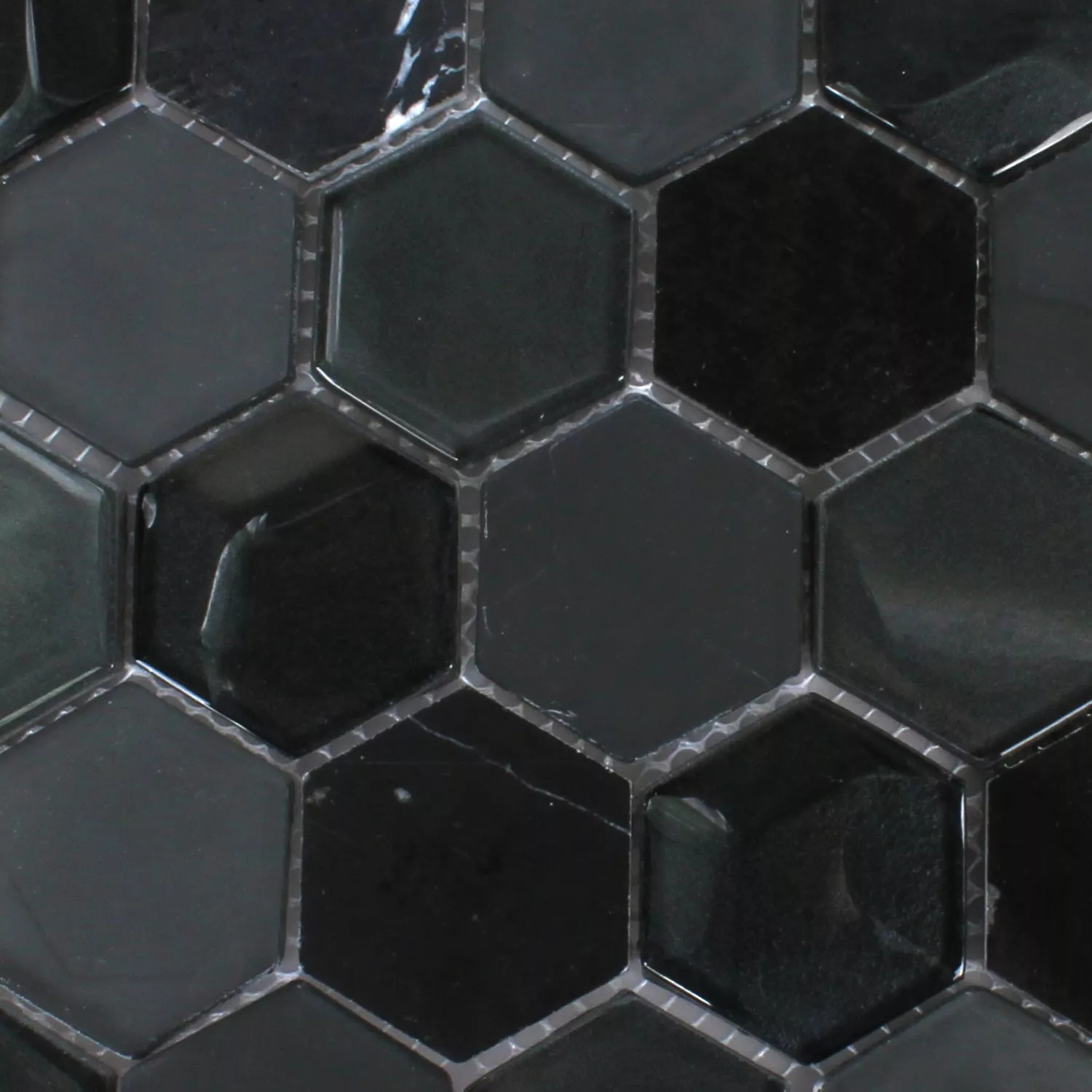 Mosaik Hexagon Glas Natursten Svart 3D