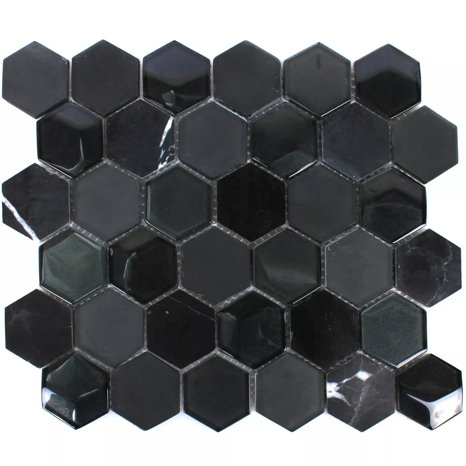 Mosaik Hexagon Glas Natursten Svart 3D