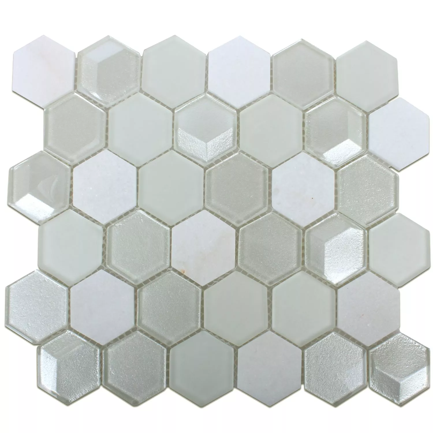 Mosaik Hexagon Glas Natursten Vit 3D