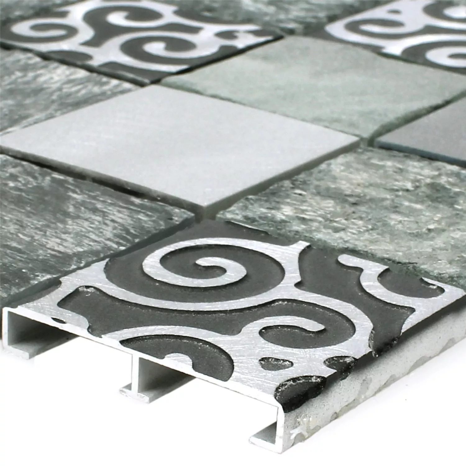 Mosaik Glas Natursten Aluminium Valdivia Grå