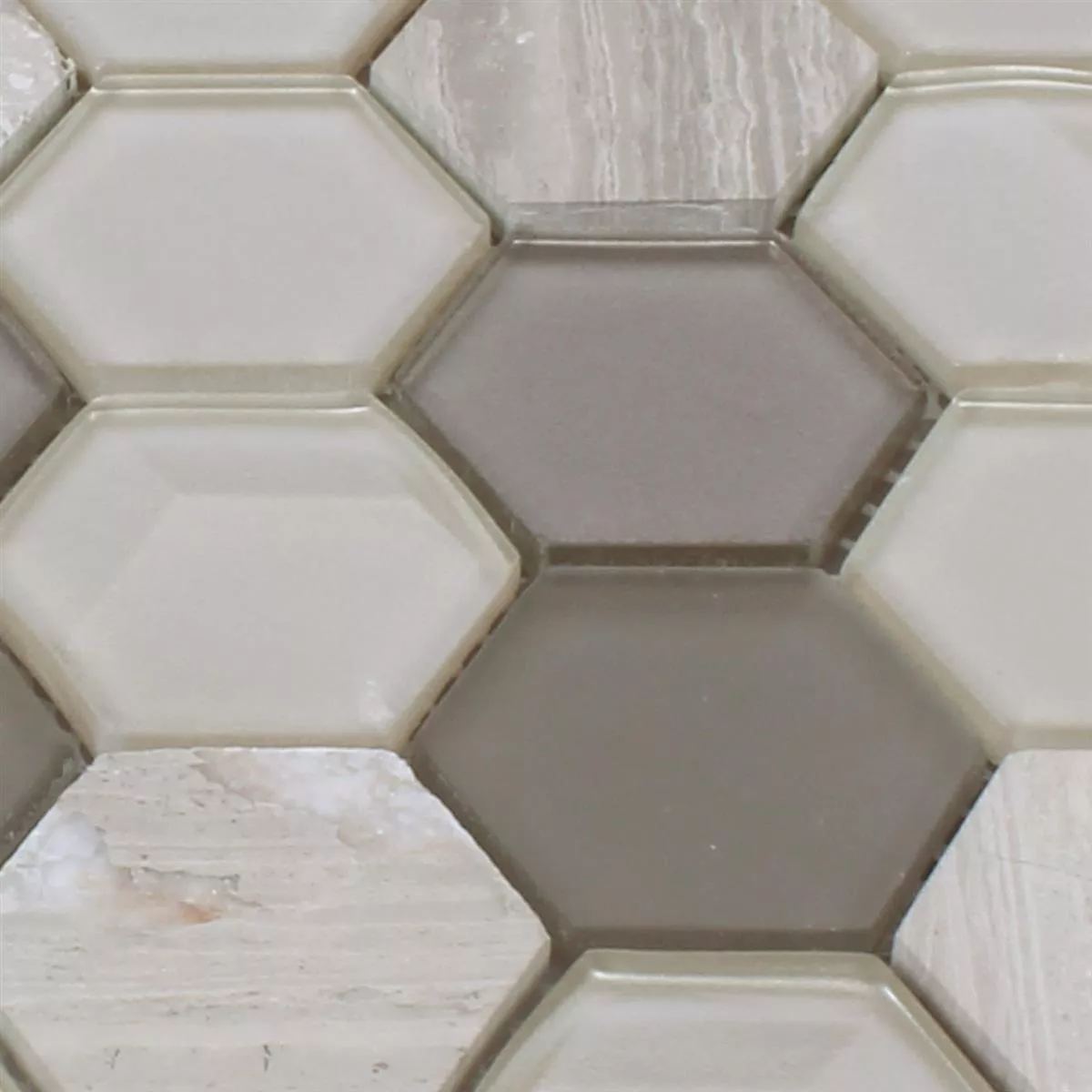 Mosaik Hexagon Glas Natursten Ljusgrå 3D