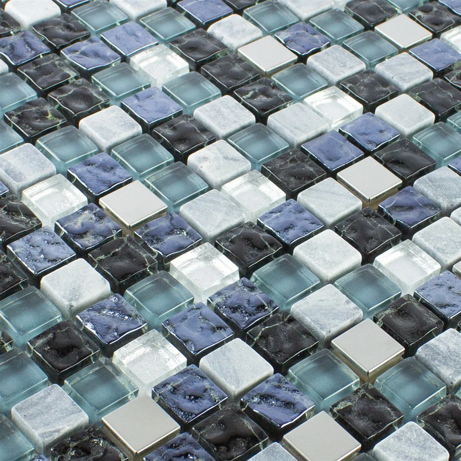 Glas Natursten Rostfritt Stål Mosaik Dysart Grå Blå Silver