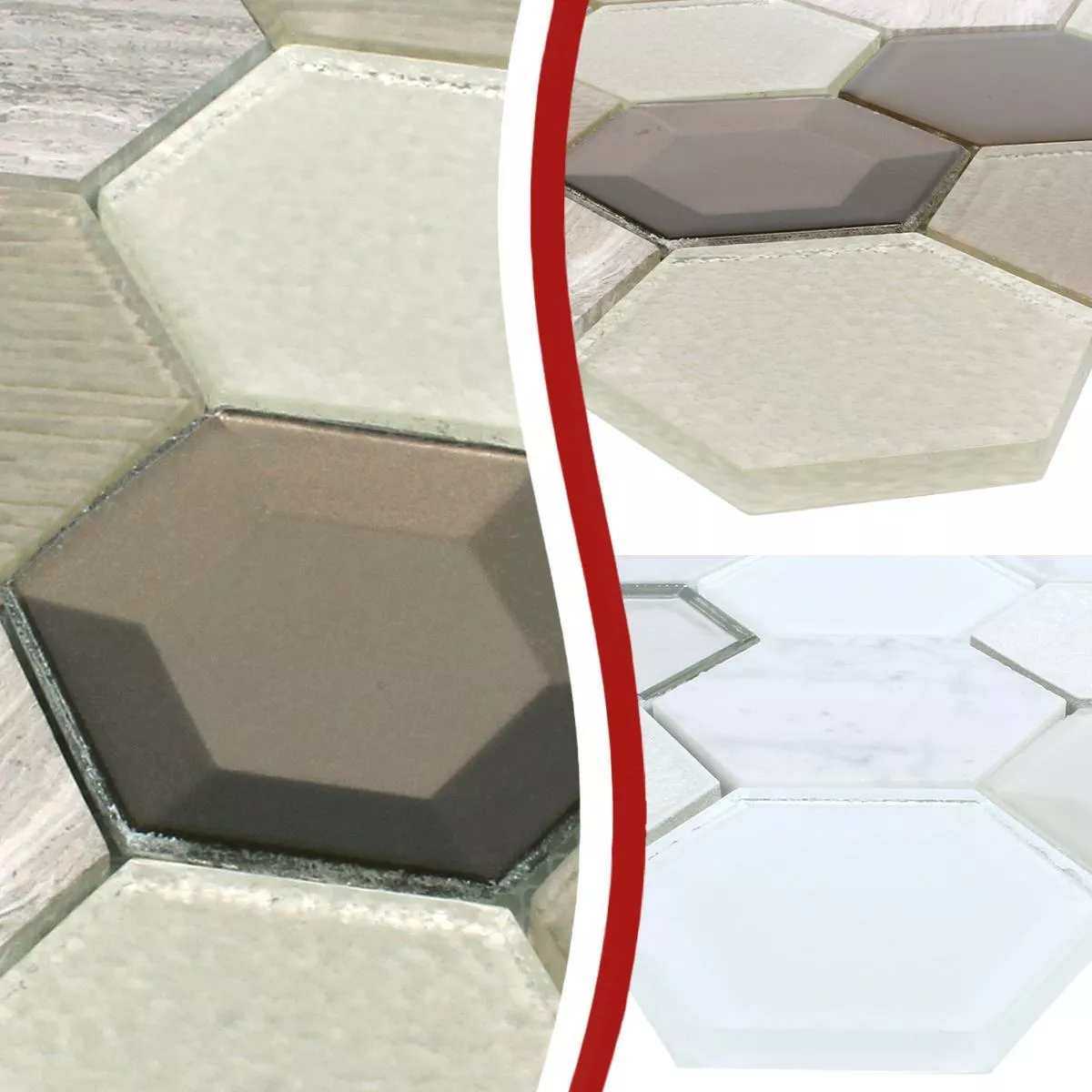 Prov Mosaik Hexagon Concrete Glas Natursten Mix 3D