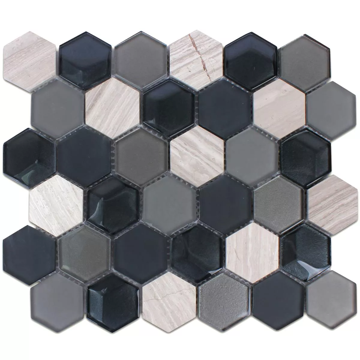 Mosaik Hexagon Glas Natursten Svart Grå 3D