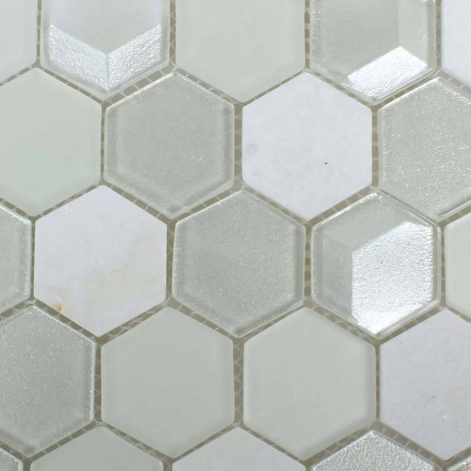 Mosaik Hexagon Glas Natursten Vit 3D