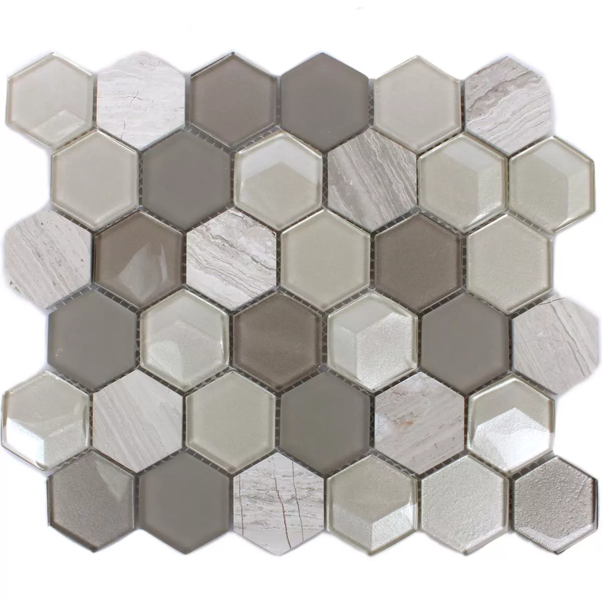 Mosaik Hexagon Glas Natursten Ljusgrå 3D