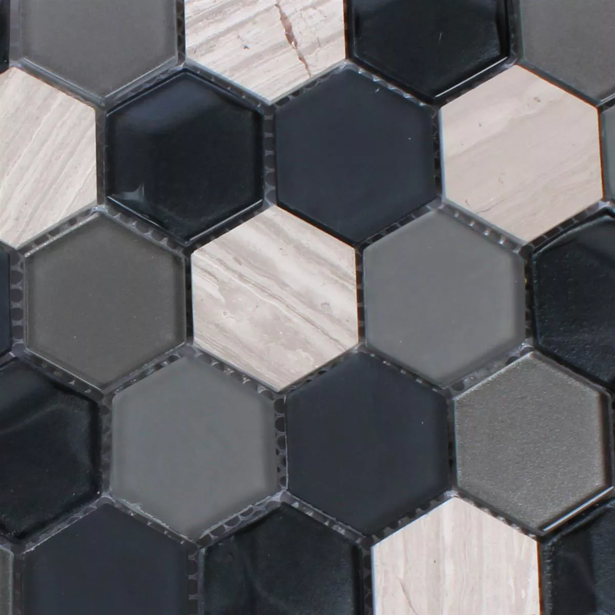 Mosaik Hexagon Glas Natursten Svart Grå 3D