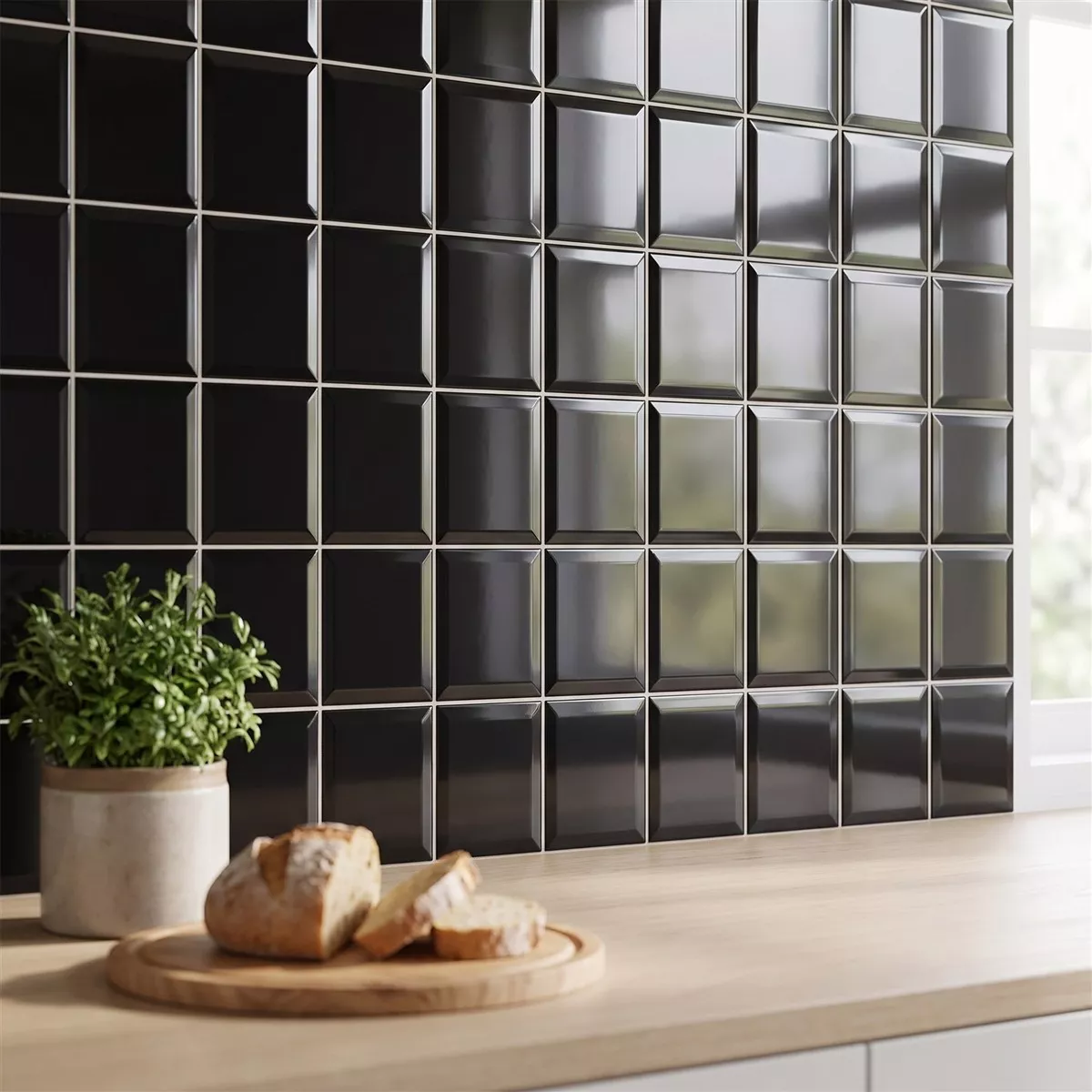 Metro kakel Svart Glänsande 10x10 cm Med Fasett Catarina Negro