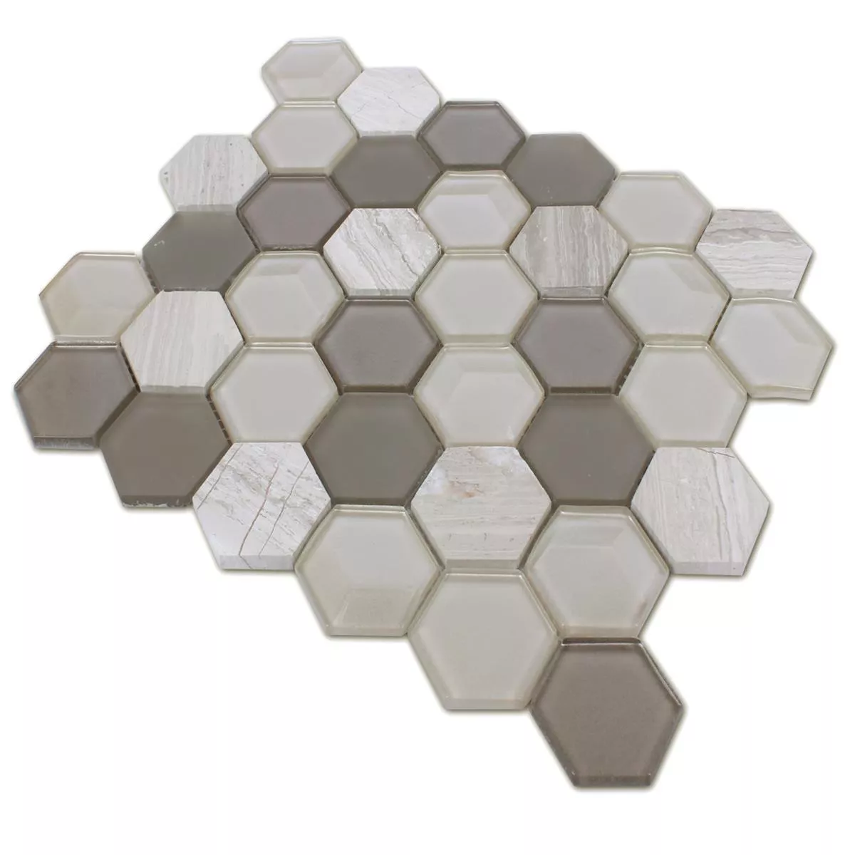 Mosaik Hexagon Glas Natursten Ljusgrå 3D