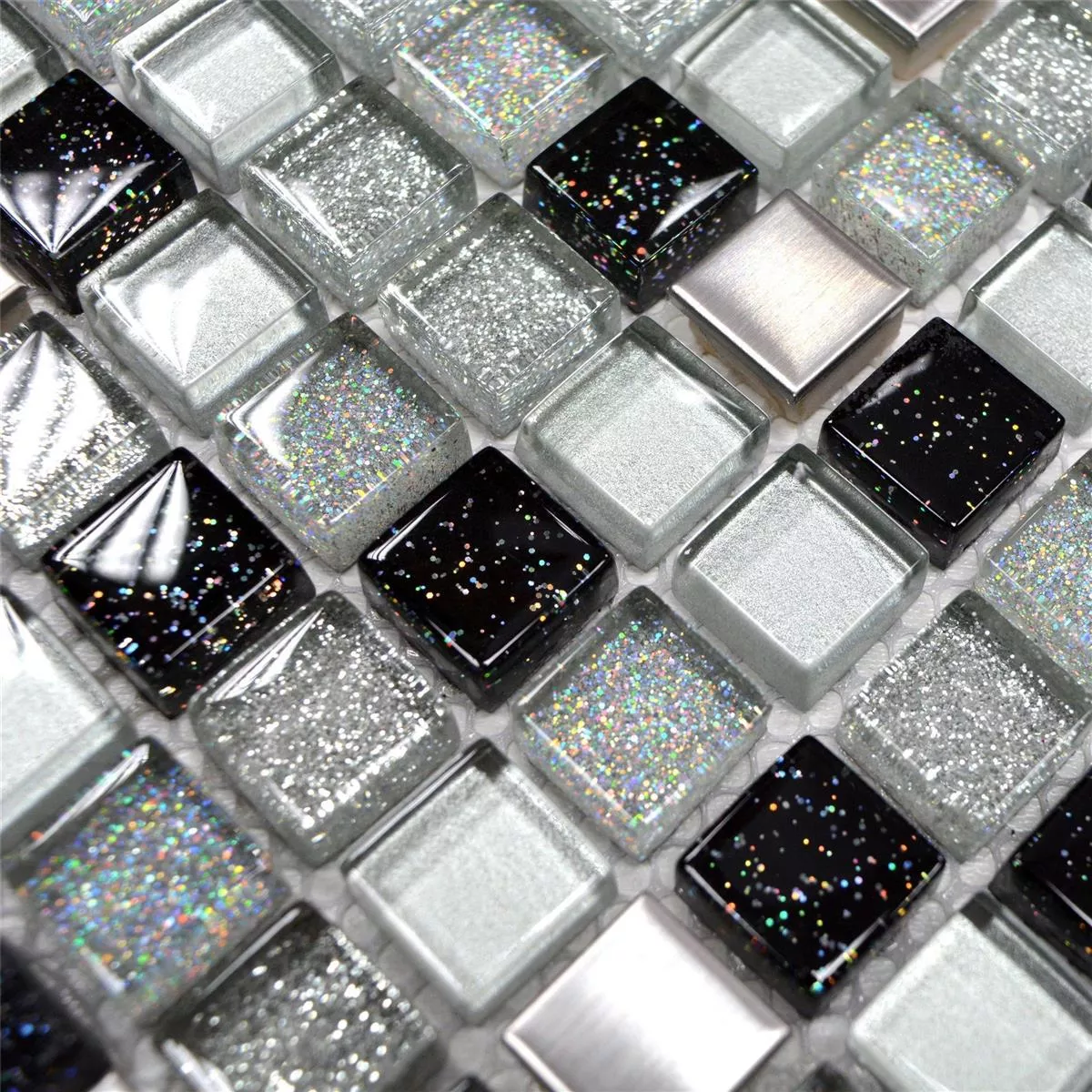 Prov Glas Rostfritt Stål Metall Mosaik Silver Svart