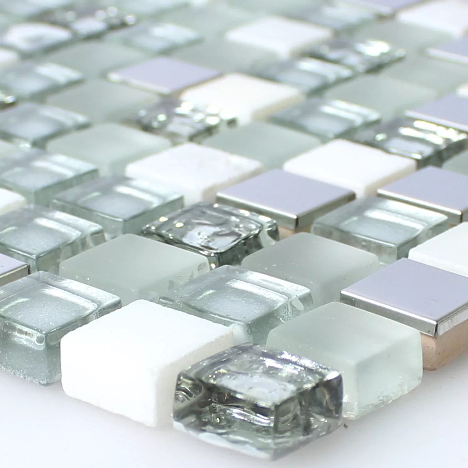 Prov Glas Rostfritt Stål Natursten Mosaik Plattor Vit Silver