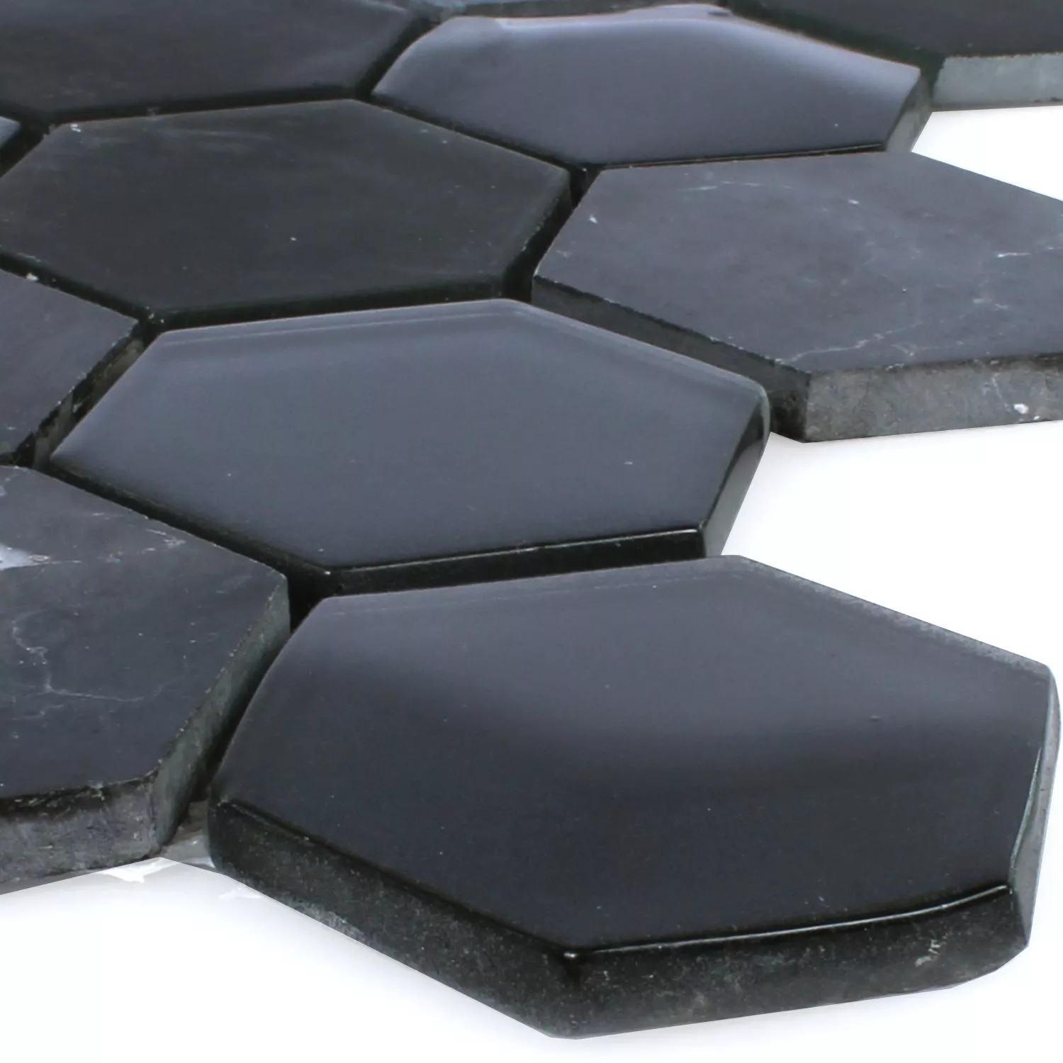 Mosaik Hexagon Glas Natursten Svart 3D