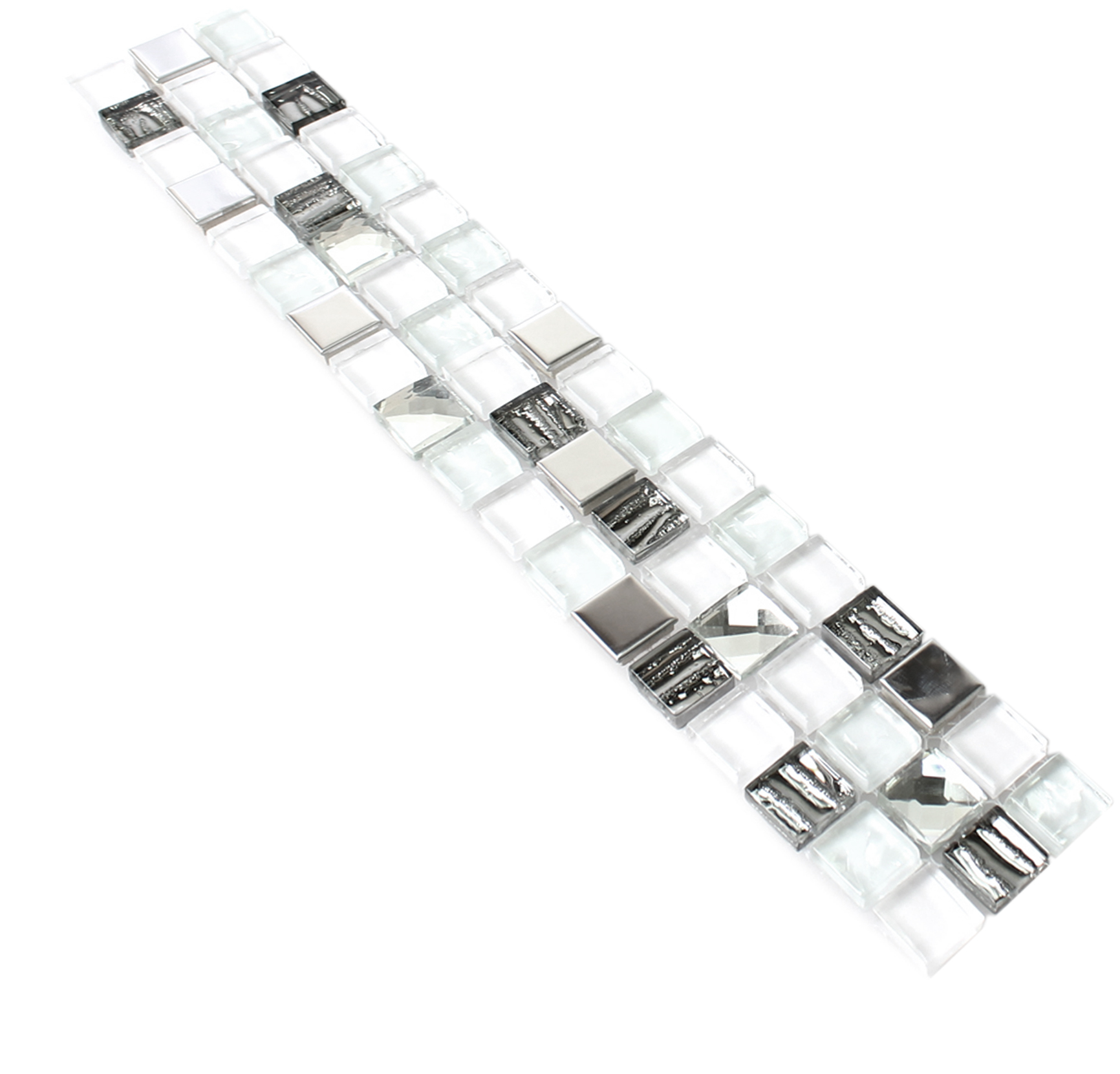 Glas Metall Mosaikbård Fresno Vit Silver
