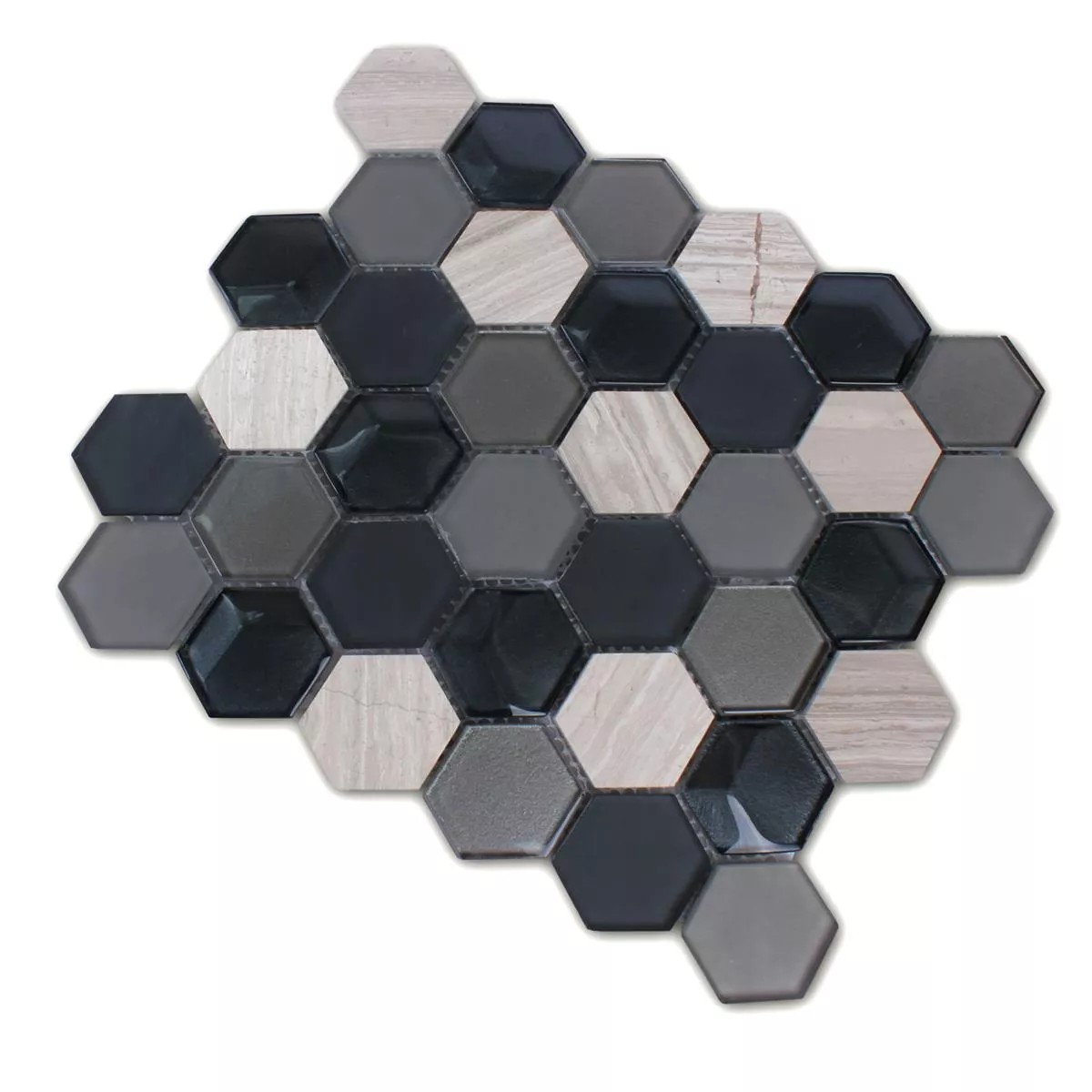 Prov Mosaik Hexagon Glas Natursten Svart Grå 3D